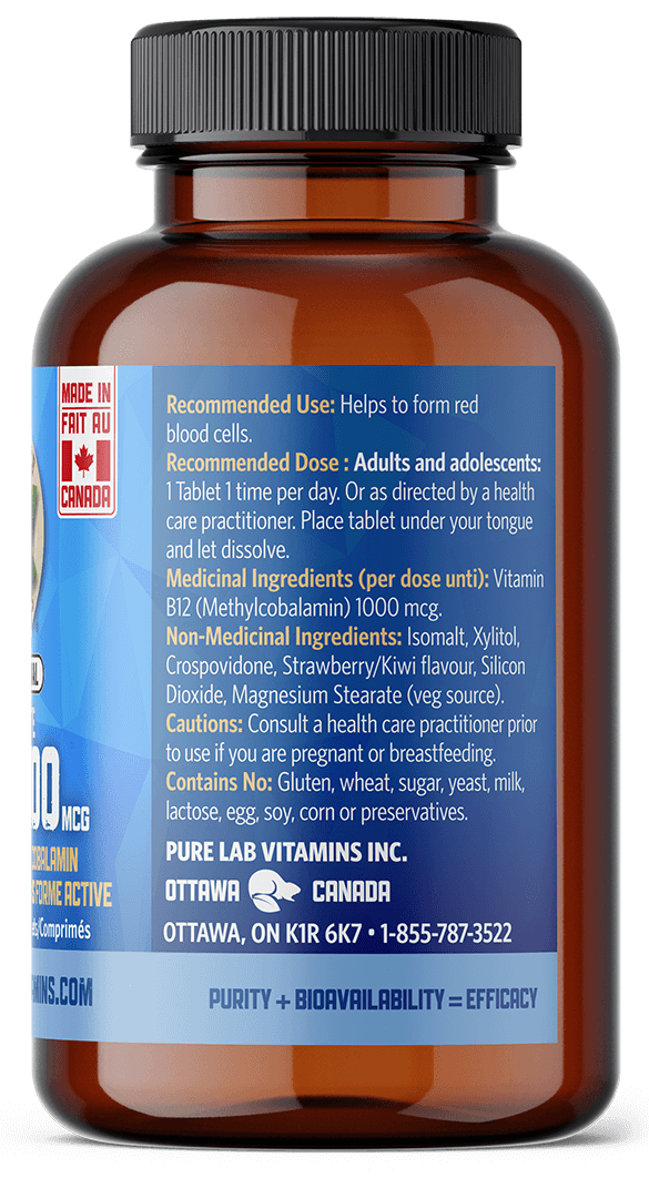 Brown supplement bottle with blue label on a black background